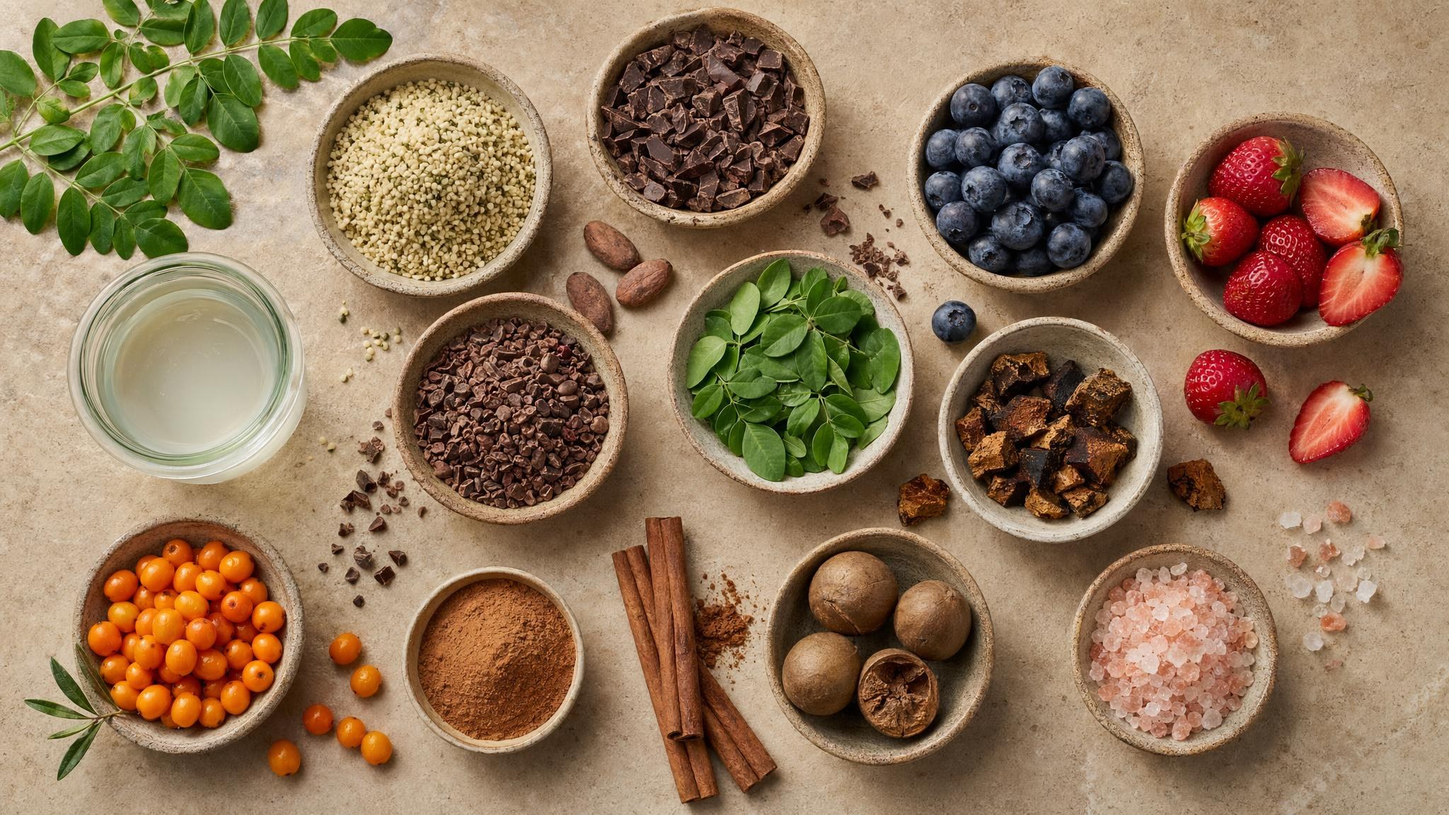 Whole-food Nutrigazm ingredients arranged in bowls